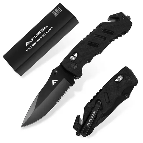 #blackfriday FLISSA Folding Pocket Knife with Clip, Glass Breaker and Seatbelt Cutter, Survival Knife for Emergency Rescue Situations, EDC Knife for Tactical, Hunting, Camping, Outdoor, Unique Gifts for Dad, Father