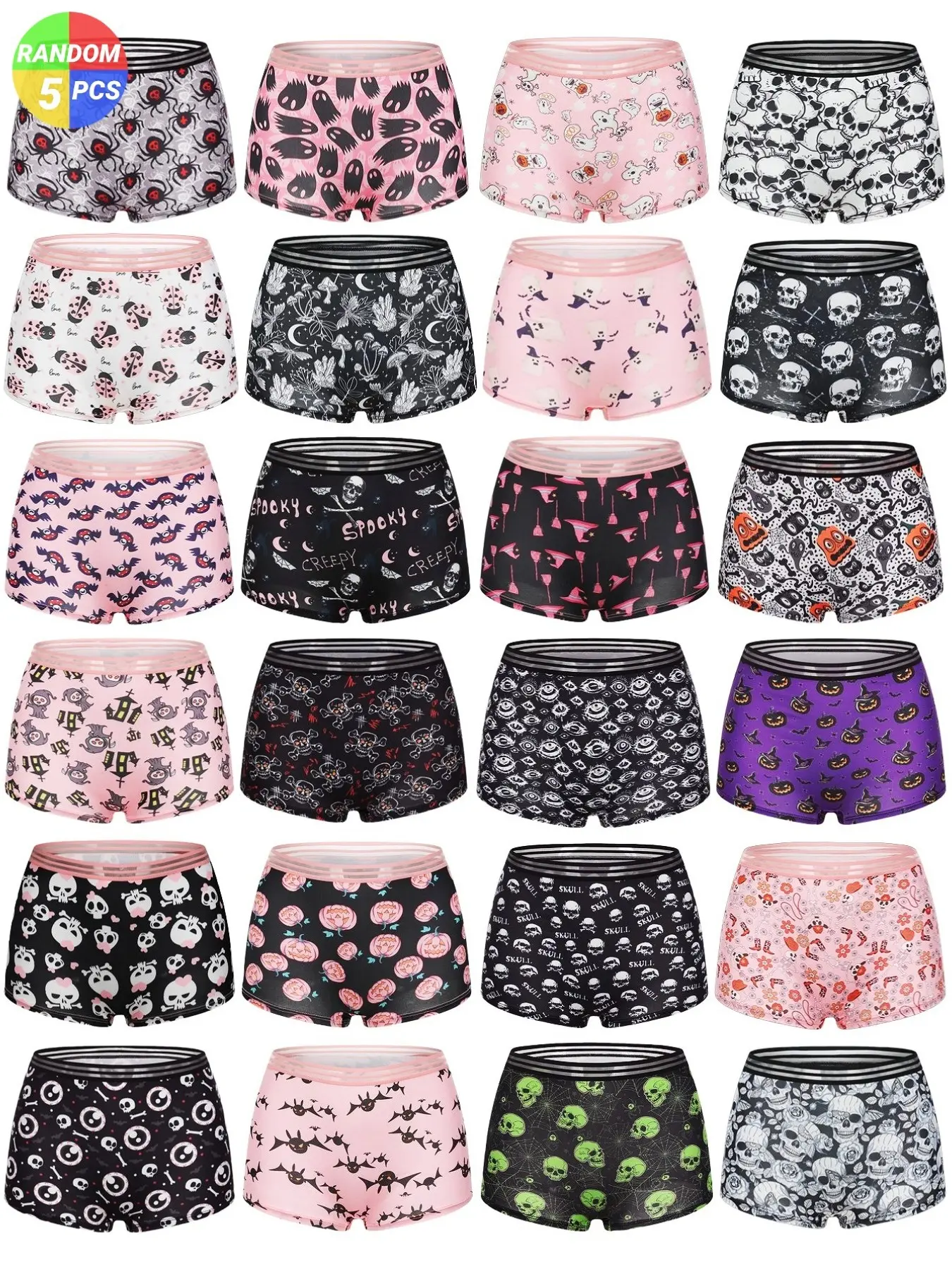 5-Pack Random Halloween Gothic Print Women Boxer Shorts Waistband Spooky Boyshort Underwear Panties, Soft Comfortable Briefs, Daily Four-Way Pants, Elastic Waist, All Seasons