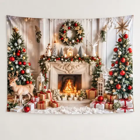 Christmas Fireplace Backdrop with Trees and Deer - Polyester Holiday Photo Banner