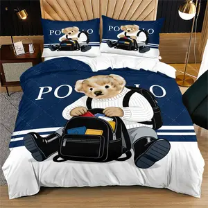 Bear pattern printed soft and durable bedding duvet cover set, including 1 duvet cover and 1 or 2 pillowcases, without a core or pillow, suitable for gifts for teenagers and adults, modern style fashionable bedroom bed decoration, Quilt Bedding Set