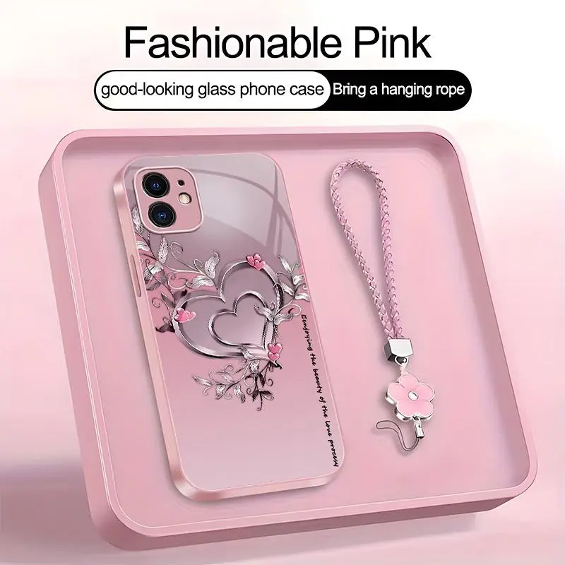 Suitable for [iPhone 11] high-end phone case，a beautiful four-leaf clover lanyard is included,Premium heart pattern,a variety of colors are available for you to choose from YM99