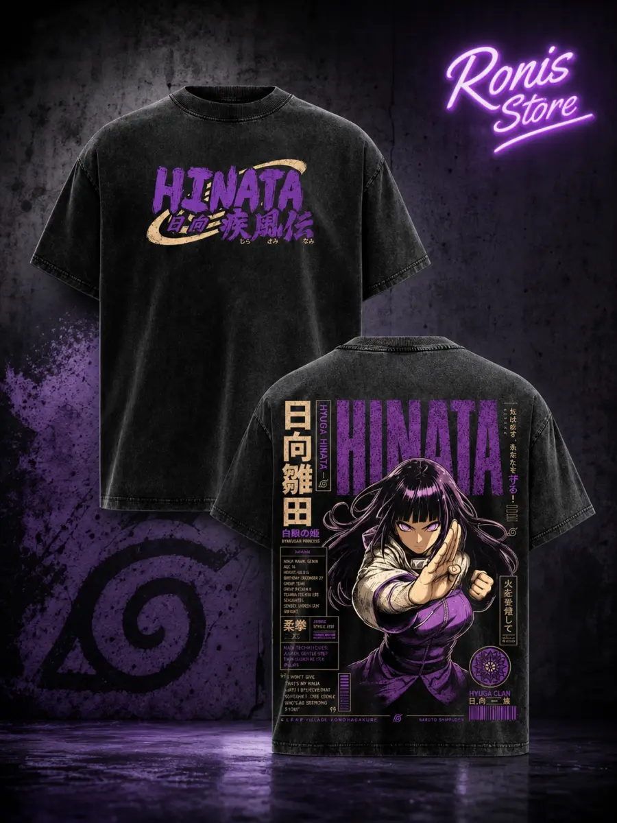 Menswear Short-Sleeve Naruto Hinata Hyuga Graphic Print T-Shirt - Vintage Washed, Heavyweight Cotton, Oversized Streetwear Top, Unisex All-Seasons Manga Gift for Naruto Fans, Shortsleeve