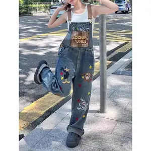 Retro Cartoon Embroidered Denim Overalls Washed Loose Jumpsuit for Women -Streetwear Pants Womenswear Comfort