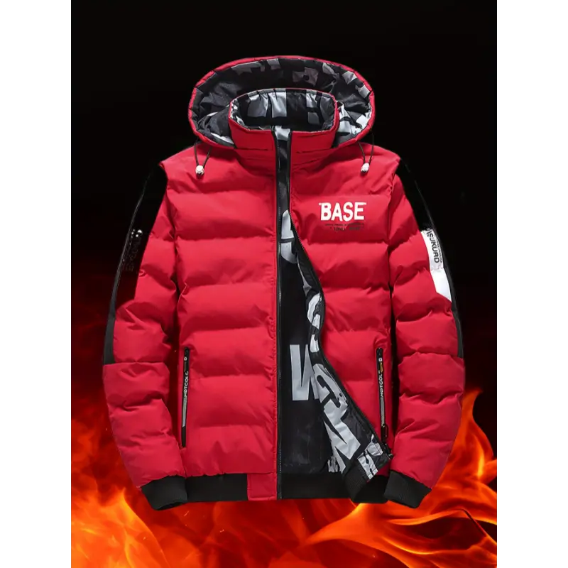 Men's Graphic Print Reversible Padded Hooded Coat - Casual Base Longsleeves Jacket with Zipper Pockets, Warm Chic Polyester Tops for Fall Winter (Red, Black)