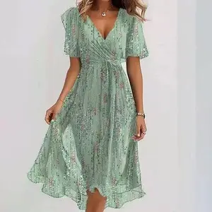 Women's 2026 New Chic Knitting Casual Dress, Loose-Fit V-Neck Floral Printed Polyester Elastane Clothes, Mid-Elastic Pendulum Cut, Elegant Spring Summer Wear, PV1236115, Knitting Casual Dresses