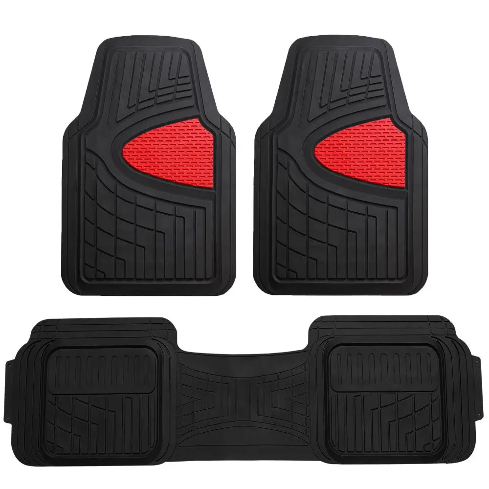 Trim-to-Fit Full Set Heavy-Duty Non-Slip Rubber Automotive Floor Mats - Auto Interior Accessories, ClimaProof Tech, Tall Channels, Fluid Barrier, Red All-Weather Car Mats