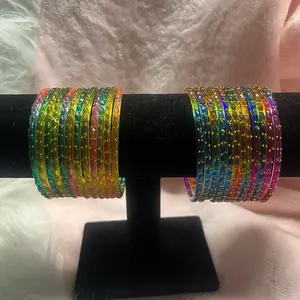 Vibrant Style Set: 12 Kashmiri Raindrop Glass Bangles or  4 Gold-Tone Accent Pieces