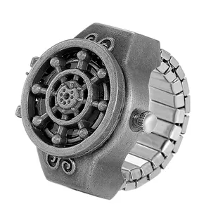 OIDEA Ship Wheel Flip Cover Ring Watch Antique Black Elastic Adjustable Band Nautical Quartz Finger Watch