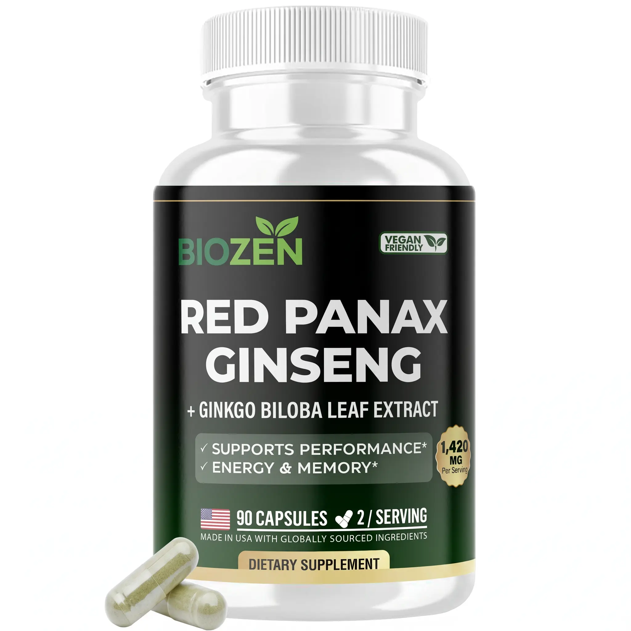 BIOZEN Natural Korean Red Panax Ginseng & Ginkgo Biloba Dietary Supplement - 7% Ginsenosides Extra Strength, Energy Boost, Immune Support - Authentic Root Extract for Men & Women, 90 Vegan Capsules, Health