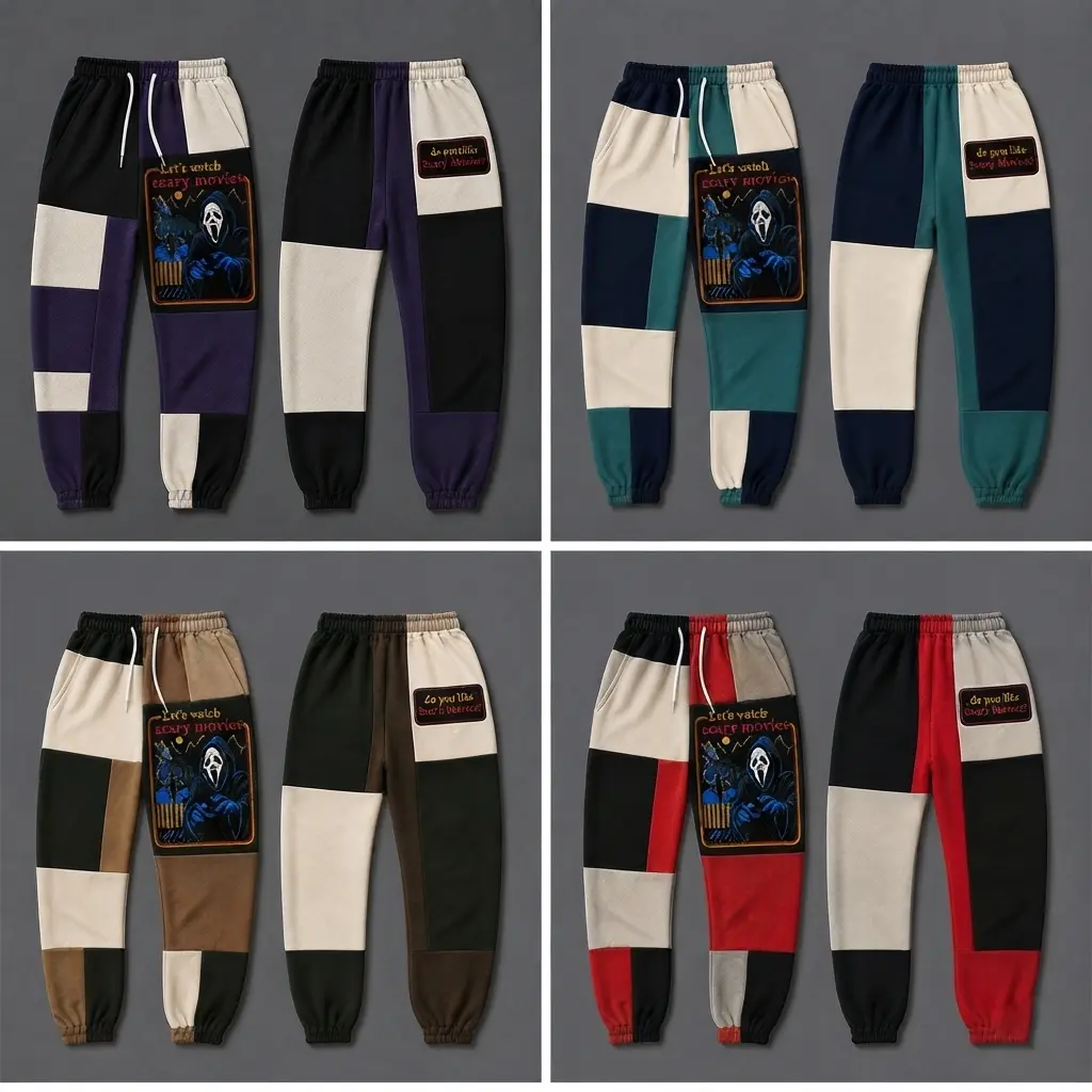 Unisex Full-Length Ghostface Patch Color Block Joggers - Scream Ghostface Killer 'Do You Like Scary Movies' Print, Retro 90s Slasher Horror, Comfortable Loose-Fit Streetwear Halloween Sportswear