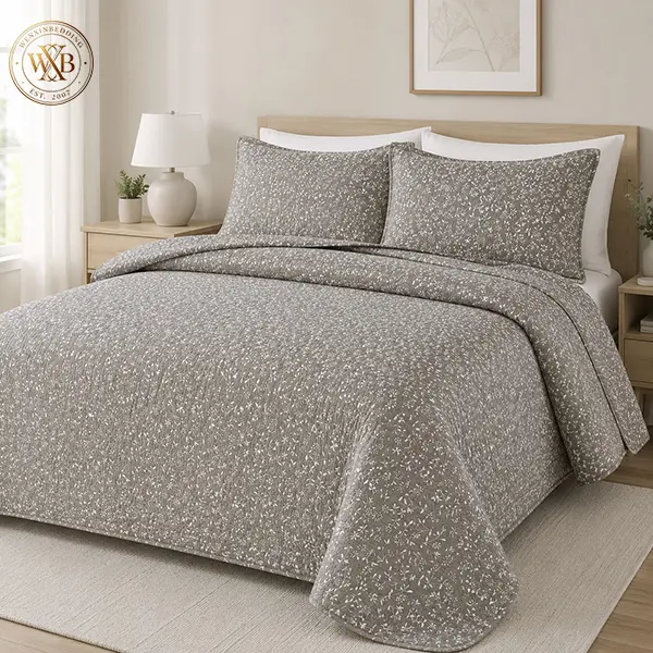 Floral Quilt Set 90x95 Inch Grey Taupe Bedspread Coverlet with 2 Pillow Shams Soft Lightweight Bedding Set