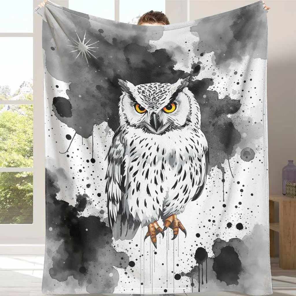 Watercolor Owl Flannel Throw Blanket - 32x48 in Animal Graphic Print, Lightweight, Super Soft, Warm, Wrinkle-Resistant, Multifunctional for Sofa, Travel, Home Decoration, Thoughtful Gift, Flannel Throw Blankets, Multifunctional Blanket