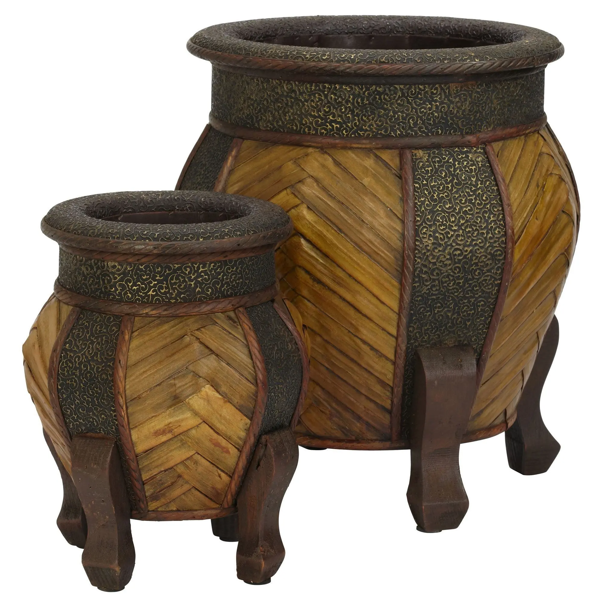 Rustic Wooden Indoor Planter Pots - Decorative Rounded Wood Planters (Set of 2) for Home Improvement, Garden Supplies, Rustic Wooden Planter