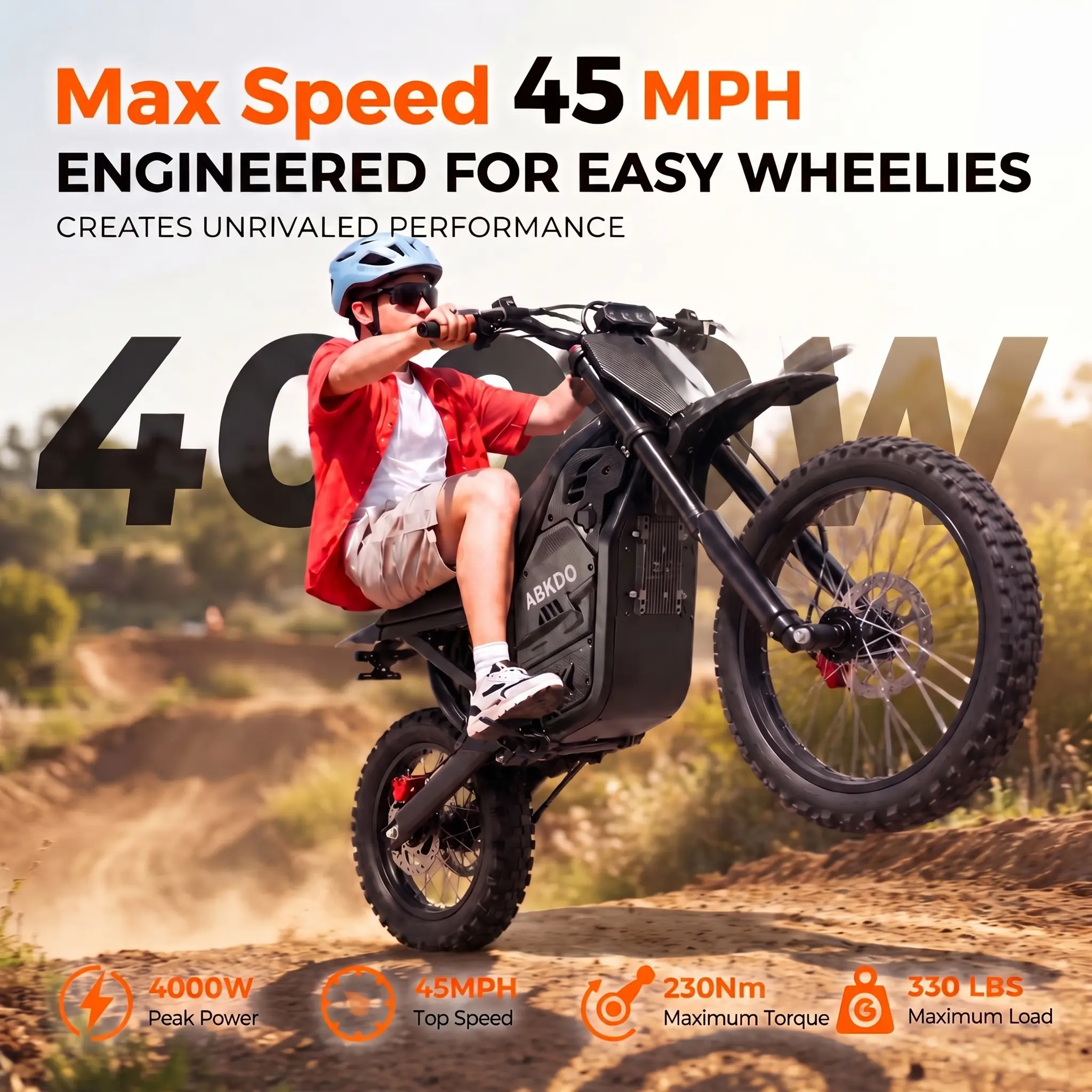 ABKDO 4000W Electric Dirt Bike - 45MPH, 230Nm Torque, Easy Front Wheel Lift-Up Wheelie, Front & Rear Hydraulic Disc Brakes, Removable 48V 23Ah Battery, 40 Mi Range, Front & Rear Suspension, Off-Road Mountain Ebike for Adults & Teens, Ebikes