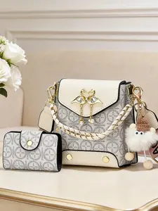 Mini women's phone bag, two-piece women's set, paired with fashionable plush pendants, color blocked print design, Casual Flap Pocket, women's Handbag Shoulder Bag, hardware accessories, Fashionable bags