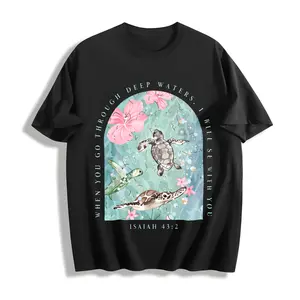 Men's Vintage Washed Pure Cotton T-Shirt - Oversized Streetwear Tee with Sea Turtle & Text Print ("I Will Be with You"), Loose Fit Casual Shirt, Machine Washable Soft Daily Wear