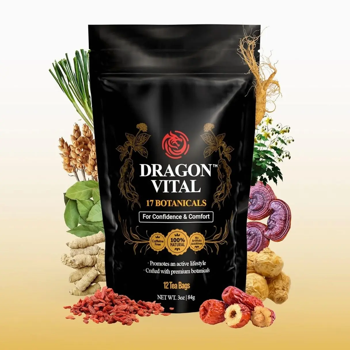 Dragon Vital Herbal Tea with Ginseng & Maca – Natural Energy Support | Caffeine-Free Botanical Blend for Vitality & Active Living | All natural - NON-GMO & No Preservatives |12 Tea Bags | by Robutop