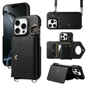 Leather case with phone lanyard suitable for Apple 15/16/17 phone cases, crossbody with lychee texture and stand. Custom Monogram Pink Striped Phone Case cute