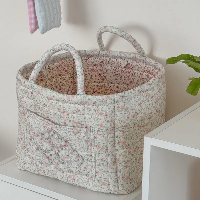 Quilted Cotton Fabric Car & Home Storage Basket - Foldable Durable Organizer Storage, Machine Washable Large-Capacity Household Items for Bedroom Clothes - Decorative Home Accessory