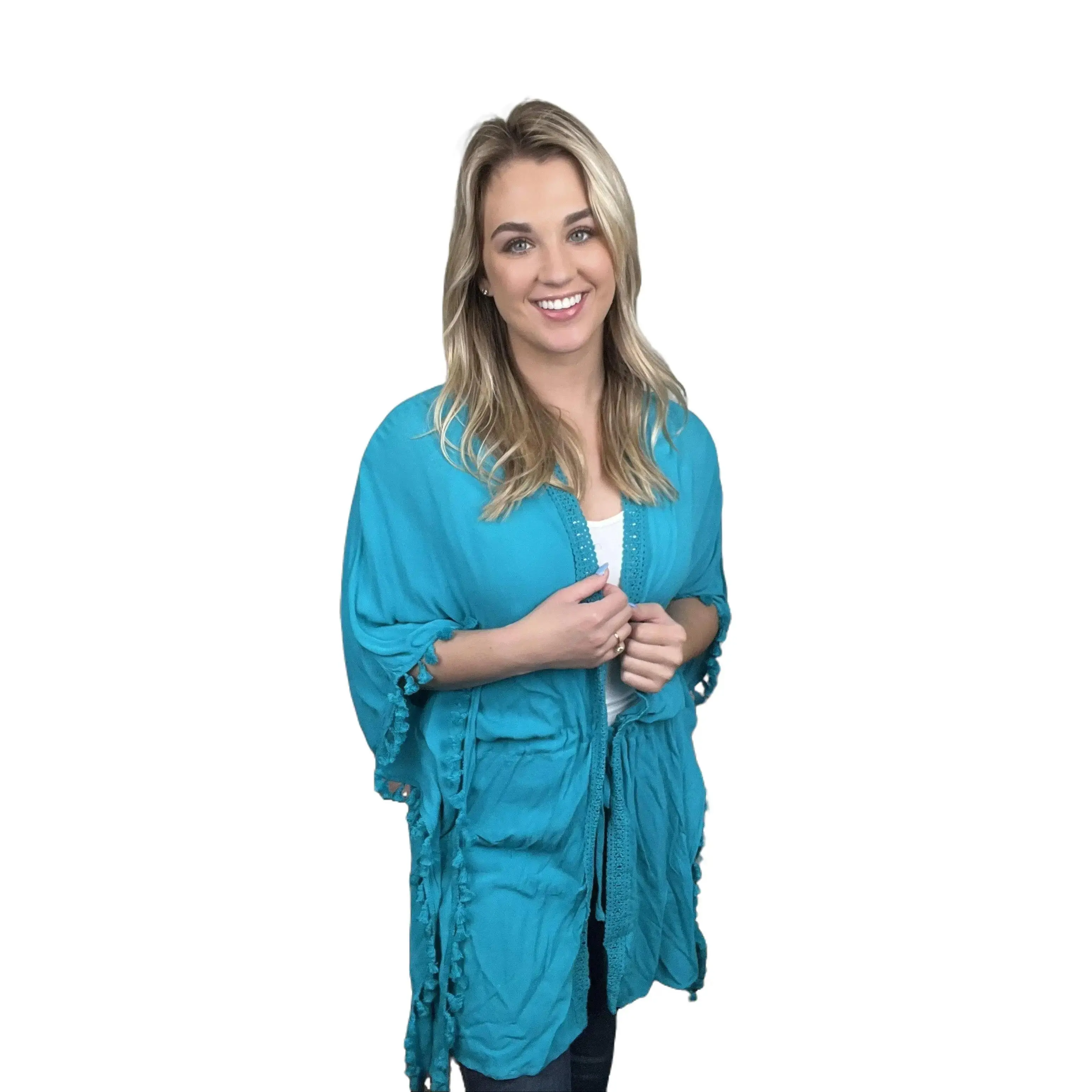 Women's Poncho-Style Rayon Kimono - Everyday Basic Straight Clothes with Tassel Accents, Lace Trim, Drawstring Waist, Missy Fit Beach Cover Up, Sizes 1XL to 3XL