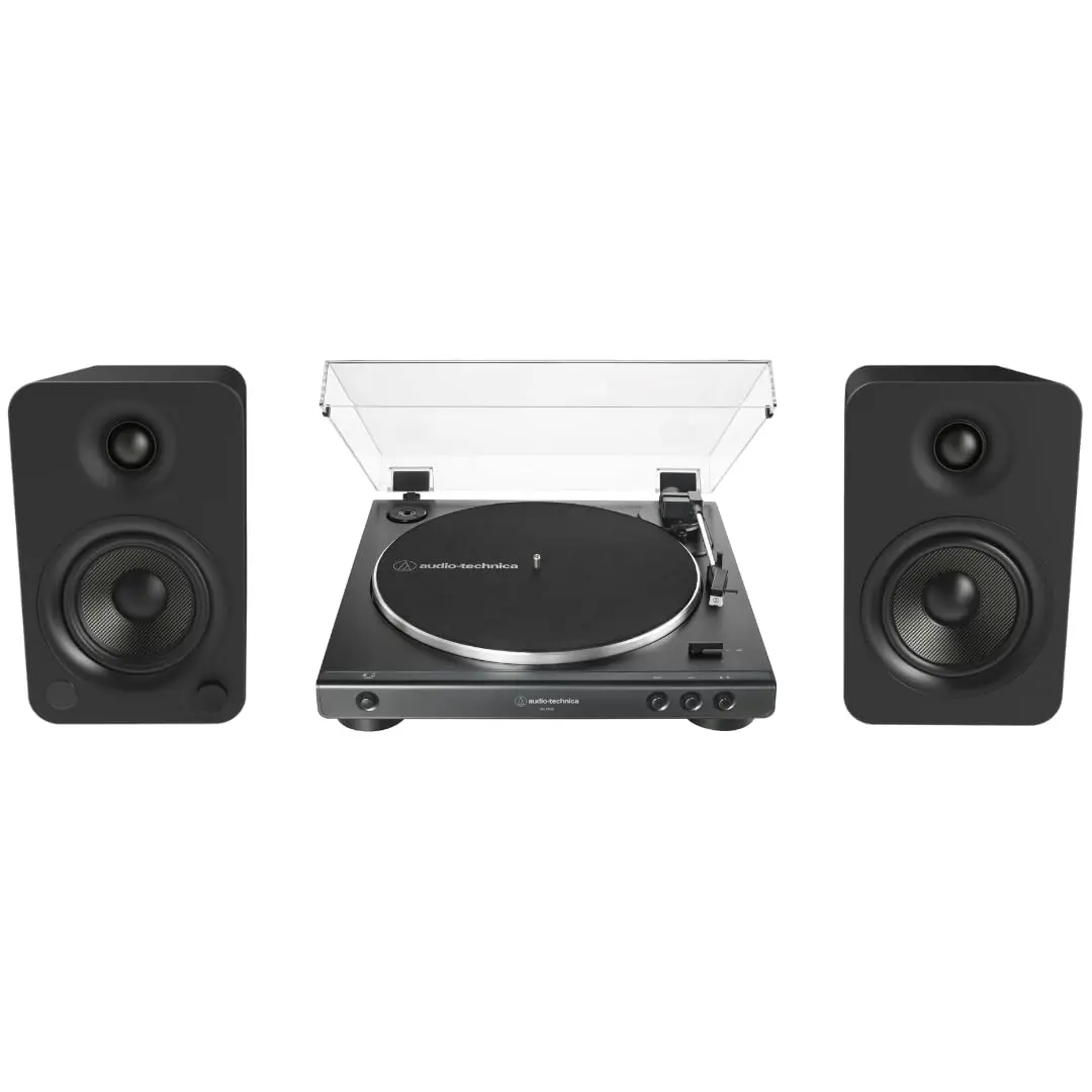 Audio Technica AT-LP60X-BK Fully Automatic Belt-Drive Stereo Turntable Bundle with Kanto ORAMB 100W Powered Aluminum Tabletop Reference Speakers, Multiple Inputs Support, Bundles, Desktop