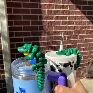 Dark Green Articulated Crocodile Alligator Cute Straw Toppers and Charms for Stanley Tumbers & 9.5mm Straws with Durable PLA Design - Stylish, Beverage