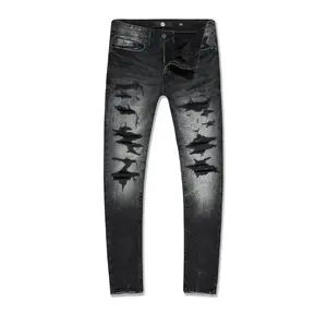 Men's Slim Taper Fit Cotton Pants with Fused Shreds and Shadow Detailing, Vintage Streetwear Aesthetic