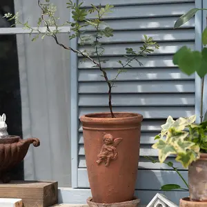 Handmade Clay Angel Relief Planter, Vintage Glazed Tall Design, Breathable and Absorbent, Garden Decorative Vase