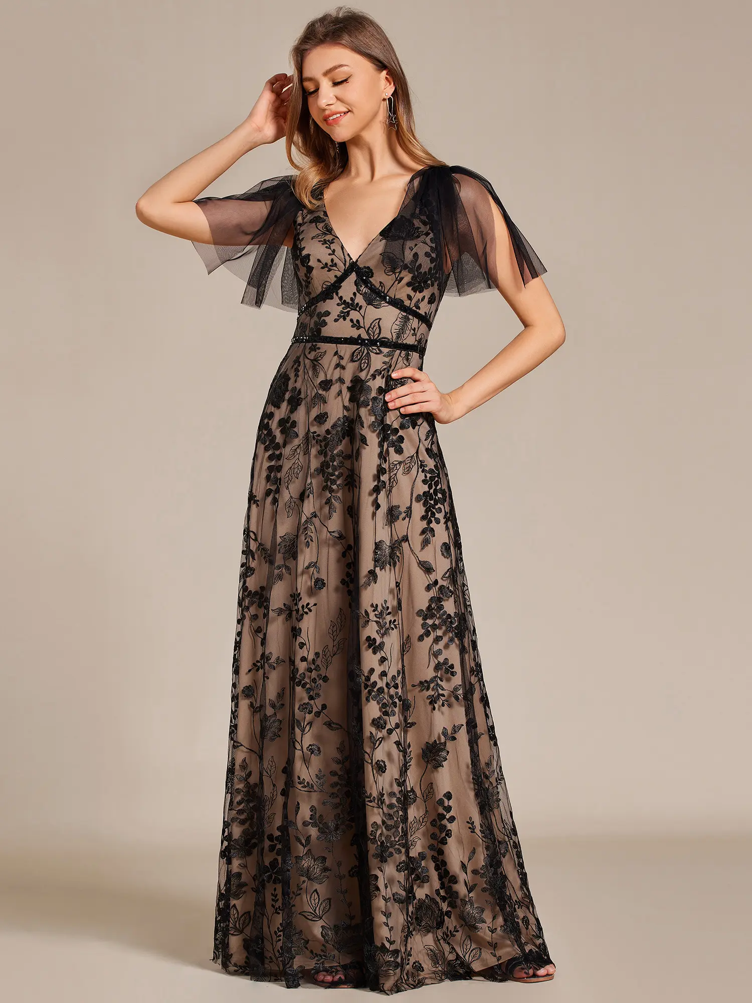 Ever-Pretty Women's Embroidered Mesh Formal Evening Maxi Dress - Flutter Sleeves, V-Neck, Formal Wear, Zipper Closure, Premium Fabric Garment, Elegance Design 02224, Cocktail, Breathable Fabric Evening Dresses, Floor-Length, Hidden Zip, Retro Chic