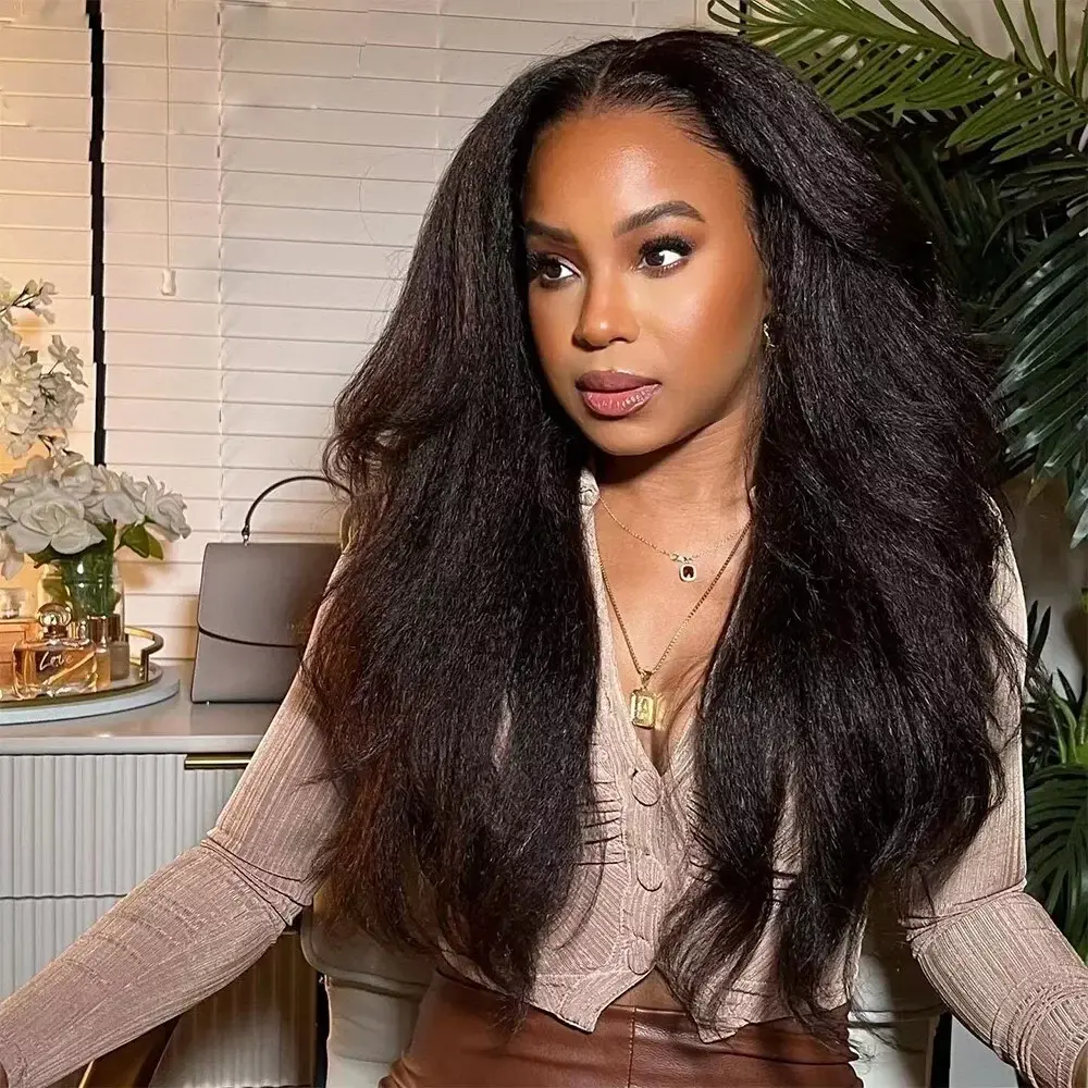 250 Density 360 Yaki Straight Human Hair Wigs Pre-Cut&Pre-Plucked Invisi Strapwig Brazilian Ready To Go 360 Pre Cut Lace Frontal Wigs Kinky Straight Glueless Wig Invisi Drawstring SummerVibes