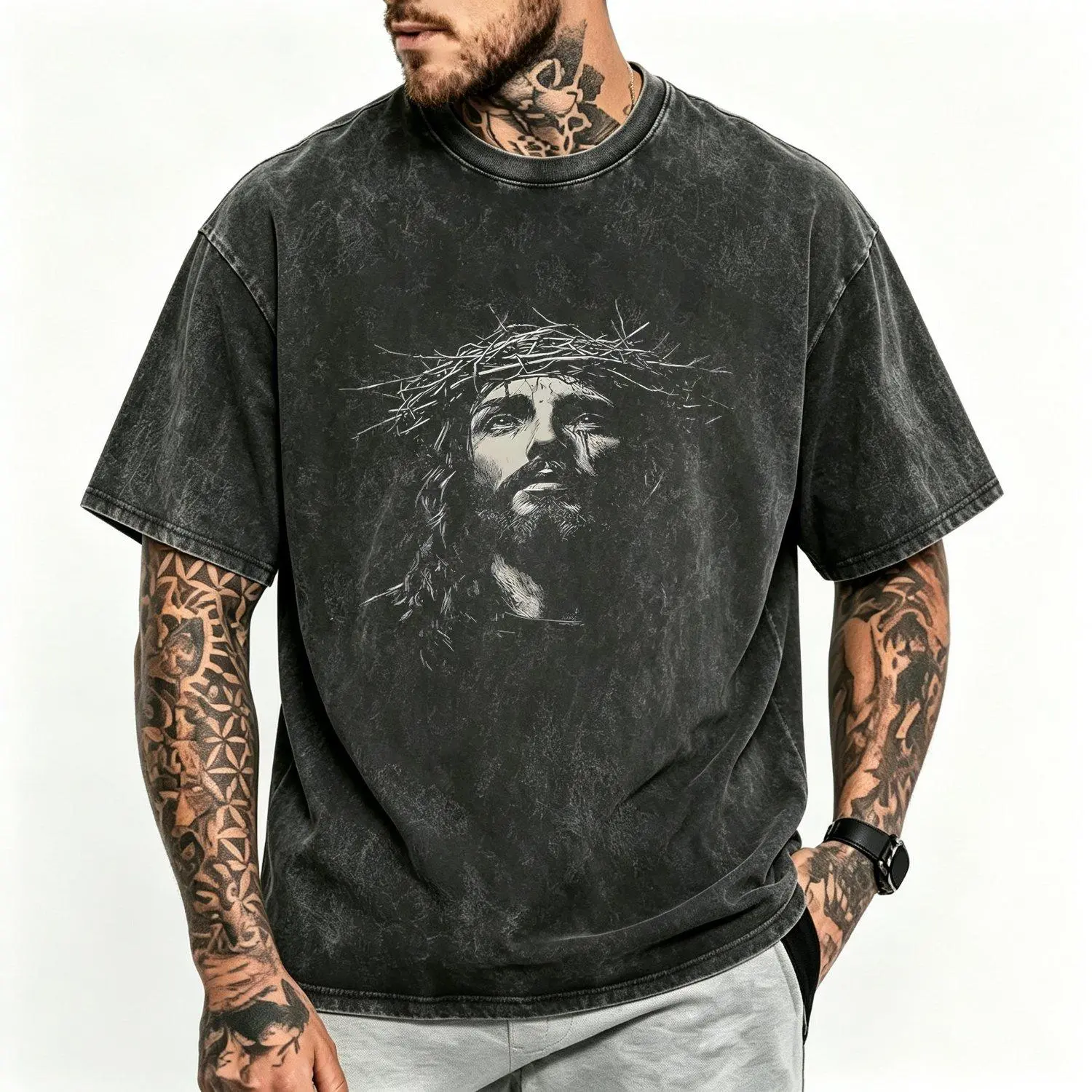 Men's Slim-Fitting Washed Cotton Jesus T-Shirt - Short-Sleeve Christian Streetwear, Graphic Print Faith Apparel, Religious Gift for Him, Church Casual Tee