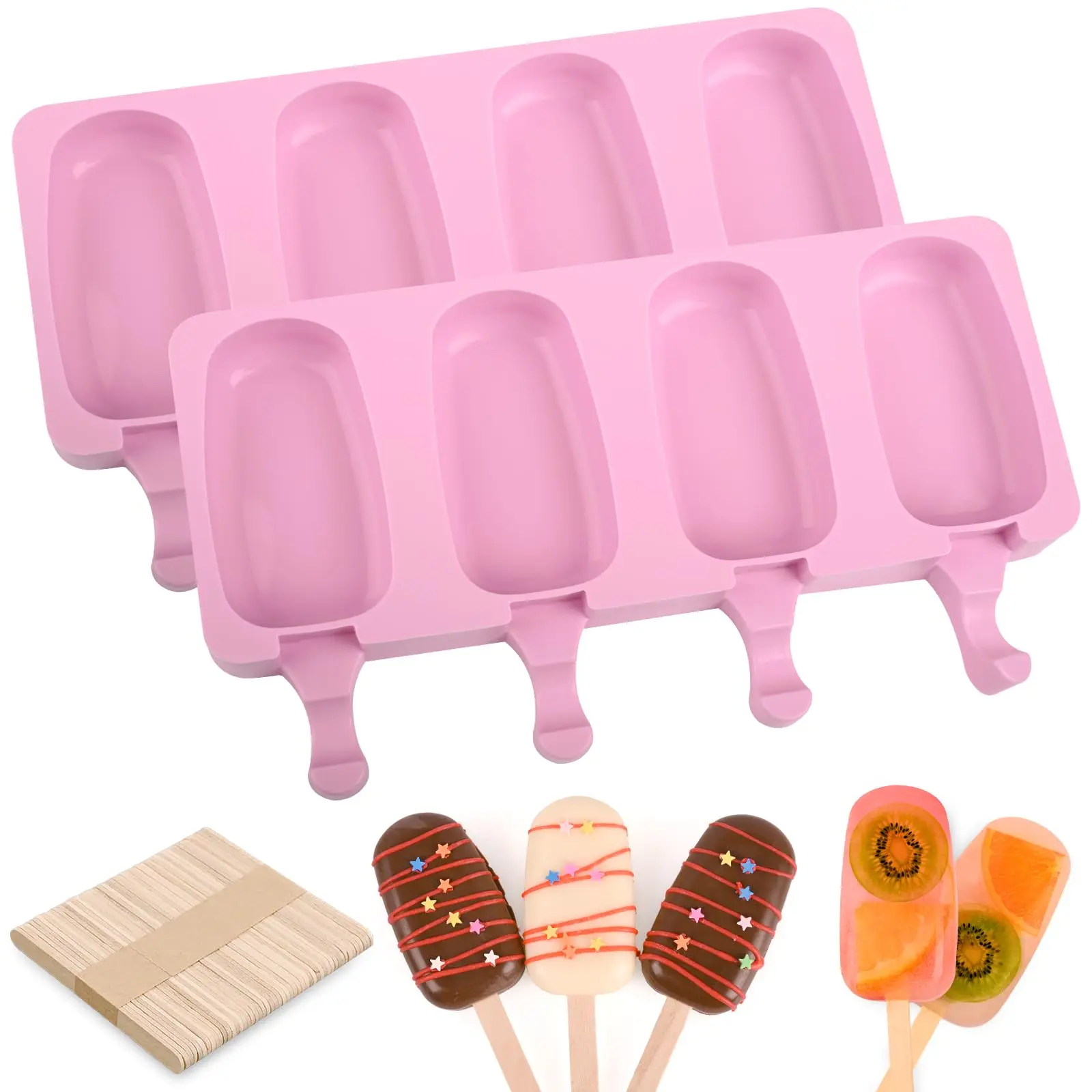 Popsicle Silicone Molds Set, 2 PCS Ice Cream Molds with 50 Wooden Sticks for Cake Pop, Ice Pop, Cakesicles