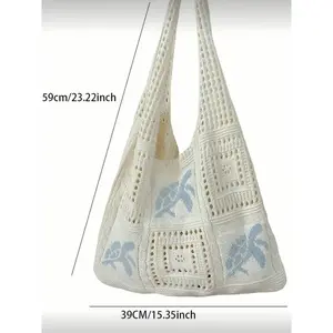 Women's Open-Top Bohemian Crochet Turtle Pattern Handheld Bag - Large Capacity Polyester Boxy Shape Bags for Women Purses, Ideal for Sports & Outdoor Use