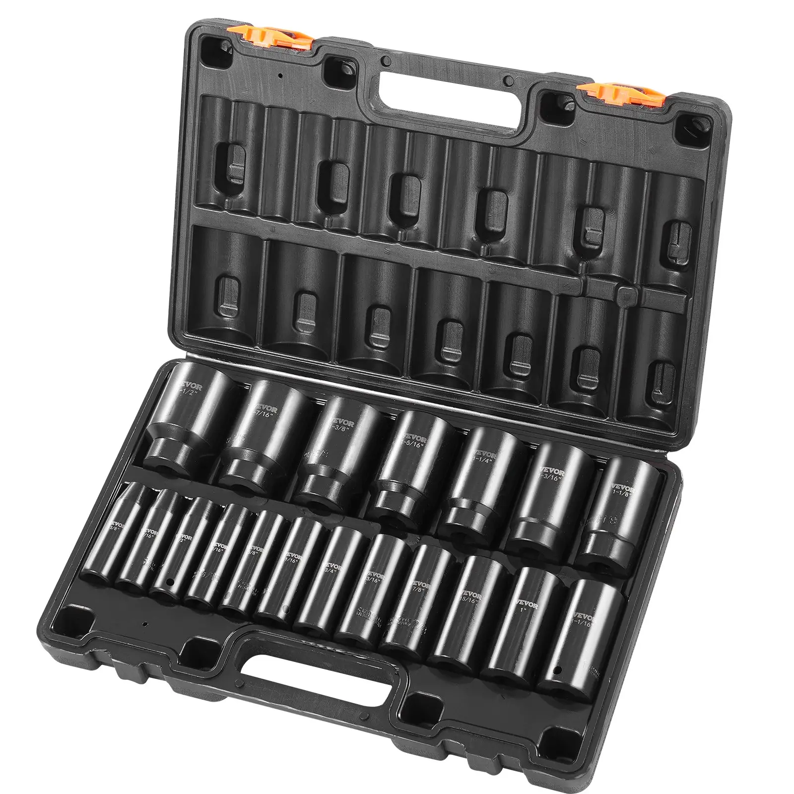 【Summerfinds】VEVOR Impact Socket Set 1/2 Inches 19 Piece Impact Sockets Deep Socket6-Point SocketsRugged ConstructionCr-V1/2 Inches Drive Socket Set Impact 3/8 inch - 1-1/2 inchwith a Storage Cage