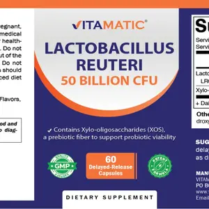 Vitamatic Lactobacillus Reuteri 50 Billion CFU with XOS Prebiotic, Delayed-Release Probiotic Capsules, Non-GMO, 60 Capsules.