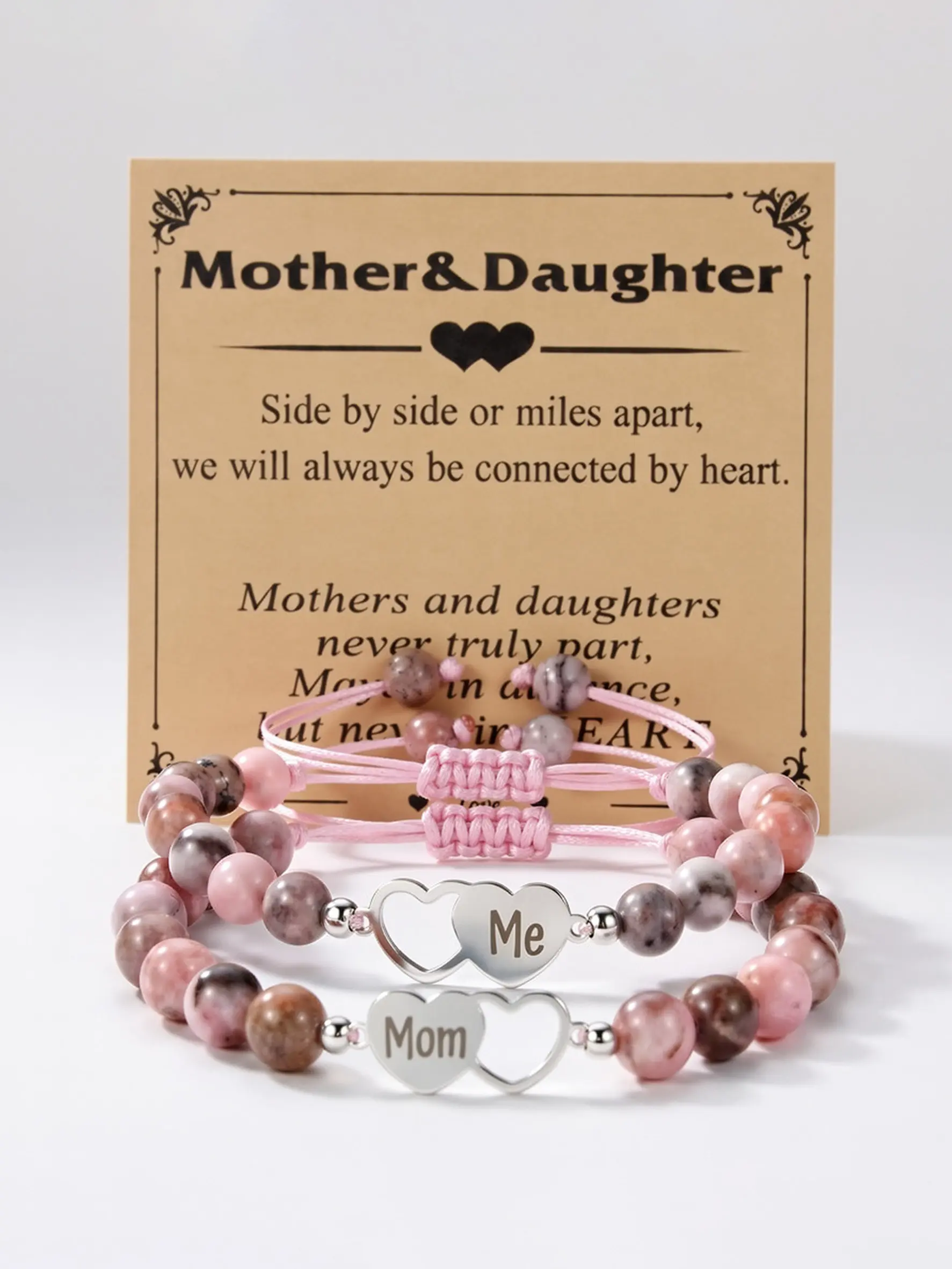 Mother & Daughter Natural Stone Heart Charm Beaded Bracelet Set, Matching Jewelry for Mom & Me, Perfect Mother's Day Gift, Sentimental Birthday Present for Her, Bracelets Jewelry