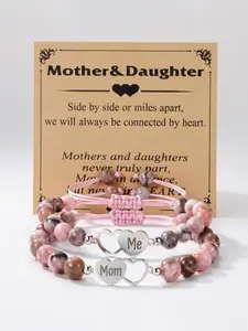 Mother & Daughter Natural Stone Heart Charm Bracelet Set, Matching Jewelry for Mom & Me, Perfect Mother's Day Gift, Sentimental Birthday Present for Her
