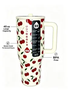 HydroJug 40oz Cherry Print Insulated Tumbler with Handle 24H Cold Stainless Steel Travel Mug Leakproof BPA-Free Cup Holder Friendly for Iced Coffee Car Office Drinkware Flasks Bottled - Bottles