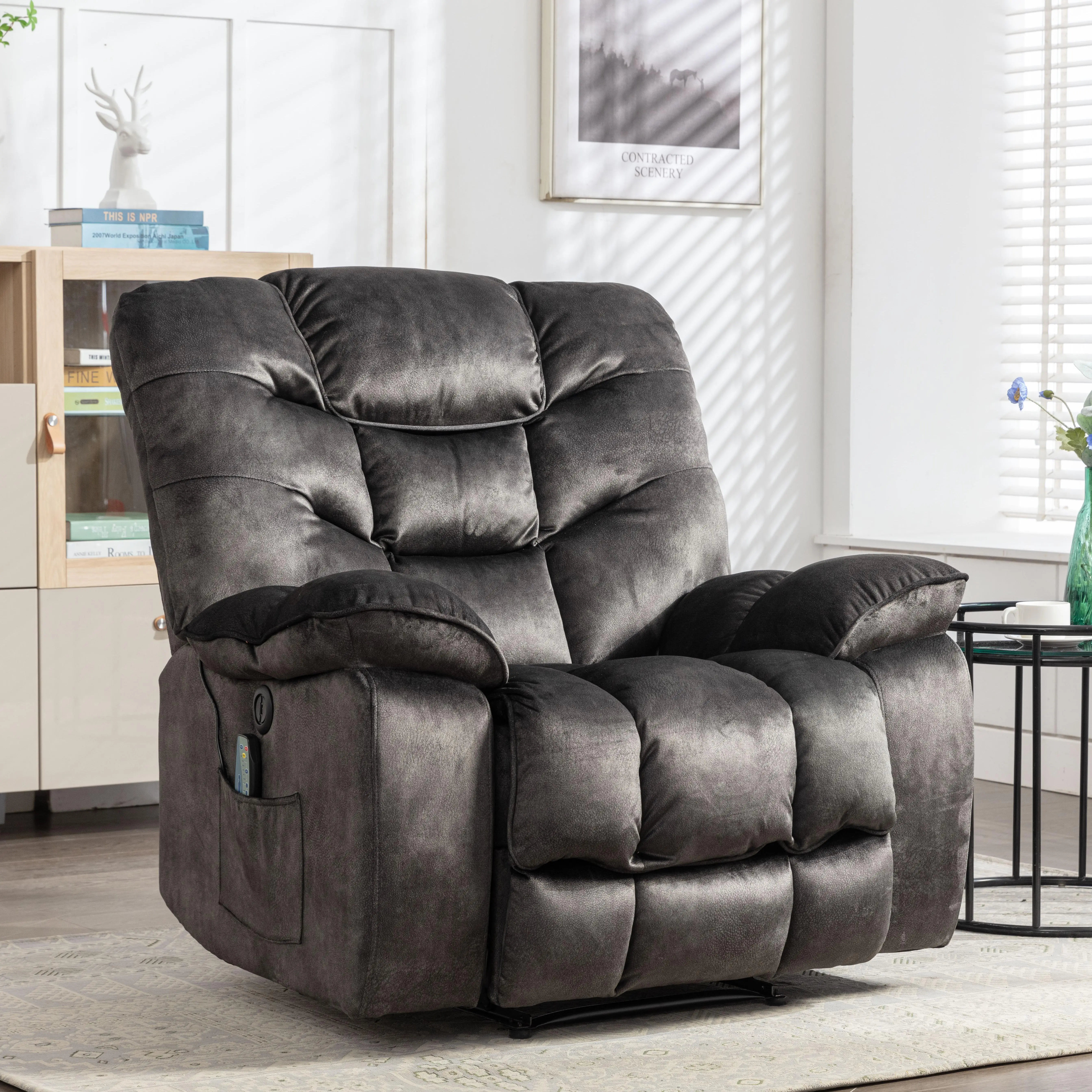 EBELLO Single Seat Recliner Chair - 37.8" Wide Cozy Reading Chair, Breathable Fabric Oversized Power Lift Adjustable Modern Recliner with Massage & Heat, USB Port, Grey (3-Package Delivery) Ergonomic Recliner Chair Power Lift Recliner
