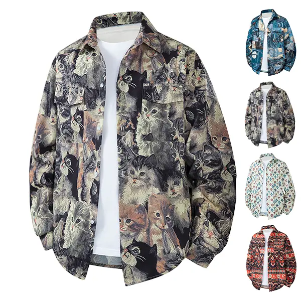 Men’s oversized loose-fit cat print shirt jacket, lightweight button-up overshirt, long-sleeve shirt jacket, vintage streetwear lightweight jacket, casual everyday wear for spring and autumn