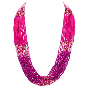 Vibrant Pink Ombre Seed Bead Statement Bohemian Multi-Strand Gold Tone Necklace, 24"+3" Extender