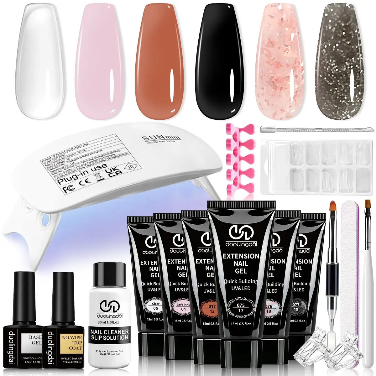 Duolingdai 6-Piece Poly Nail Extension Gel Full Kit 03, UV Soak-Off Builder Sculpting Gel (Clear, Soft Pink, Nude, Brown, Black, Glitter Tones) with Mini UV Lamp, Base Top Coat & Tools for Beginner DIY Manicures