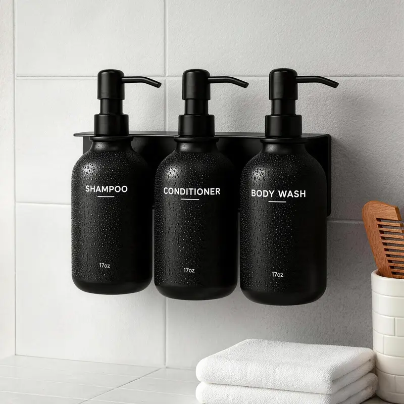 KLL Drill-Free Shower Dispenser Set of 3, 17oz Black Wall Mounted Shampoo Bottles with Stainless Steel Pump, Waterproof Labels & Soap Holder, Refillable Plastic Pump Bottles for Bathroom RV Gym