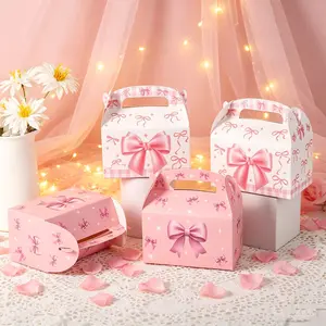 24 Bow Print Party Gift Boxes, Cute Handle Snack Box, Treat Boxes, Ideal for Girl Birthday, Wedding, Baby Shower, Afternoon Tea, Singles Day
