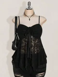 ICON Plus Size Front Drawcord Tie Bow Knot Camisole Tank Top, Asymmetrical Hem, Y2K Style, Suitable For Summer