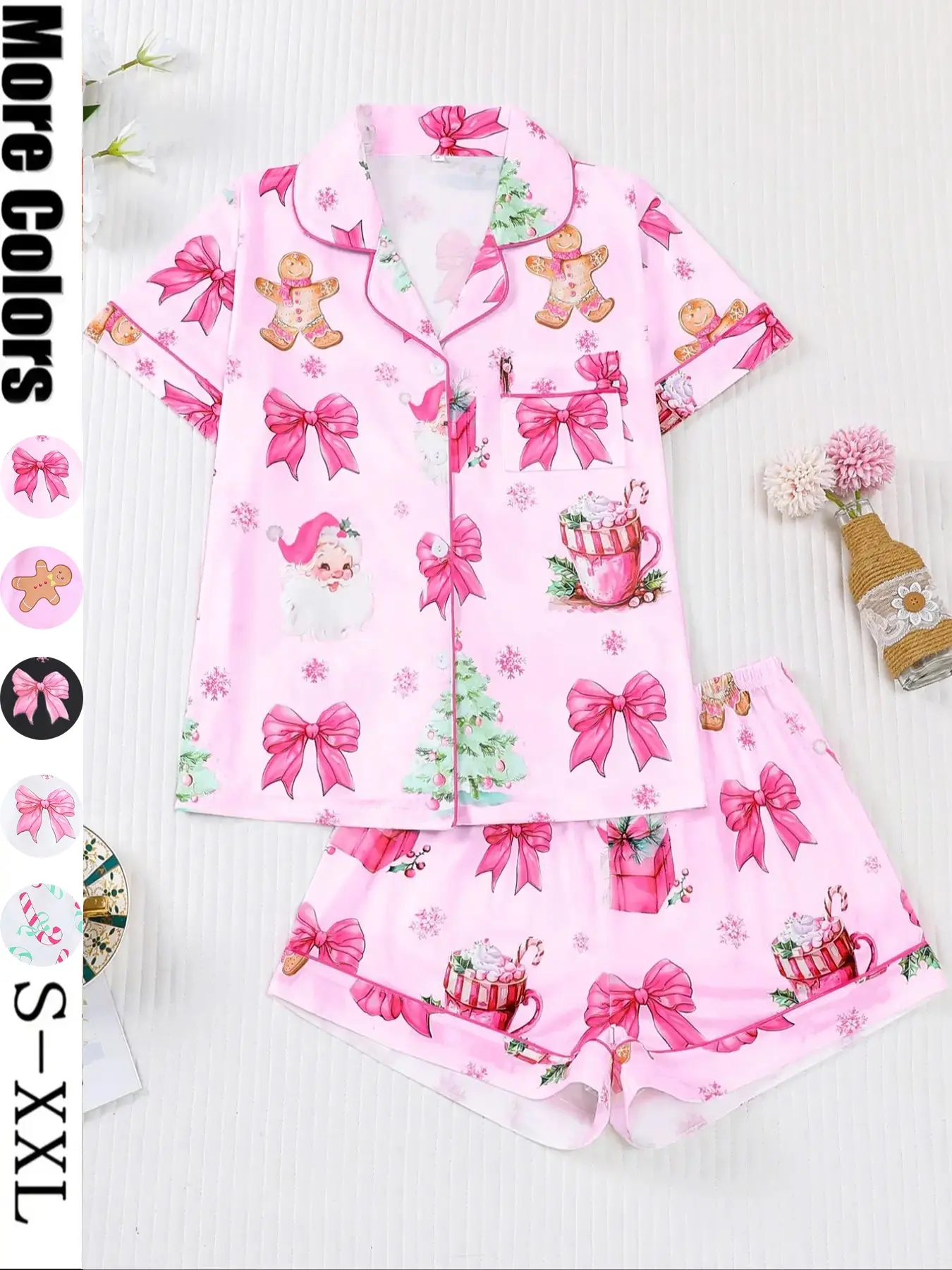 【Christmas】Women's Christmas Pajama Set, Santa Cookie Print, Short Sleeve Button-Up Top & Elastic Shorts, Casual All-Season Sleepwear，Christmas Pyjamas, Loungewear