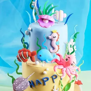 16-Piece Ocean Series Cake Decorations, Polymer Clay Seahorse, Shell, Octopus, Whale Shapes, Perfect for Birthday Baking