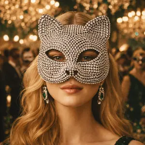 High-end Diamond-Studded Party Mask for Women: Sexy Catwoman Masquerade Rhinestones Mask for Cosplay, Carnival, and Stage Performances