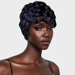 Vlike Human Hair Wig Short Pixie Wig with Circular Curls for Black Women Gluless Style Versatile Look, Pixie Cut Wig, Heat Resistant