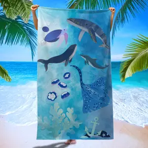 Cute Ocean-Themed Beach Towels, Gradual Blue Whale Dolphin Jellyfish Print Bath Towel, Soft Absorbent Quick-Dry Fabric for Pool Party Yoga, Absorbent Breathable Towel